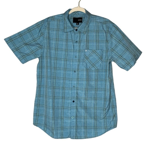 Hurley EUC blue and gray plaid dri-fit short sleeve button down. Size L‎ - Picture 1 of 10